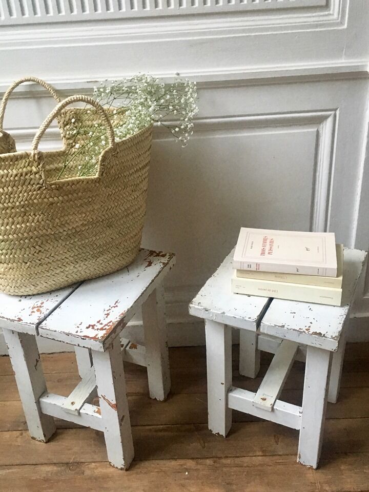Stools, patinated wooden bedside tables