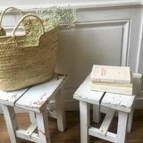 Stools, patinated wooden bedside tables