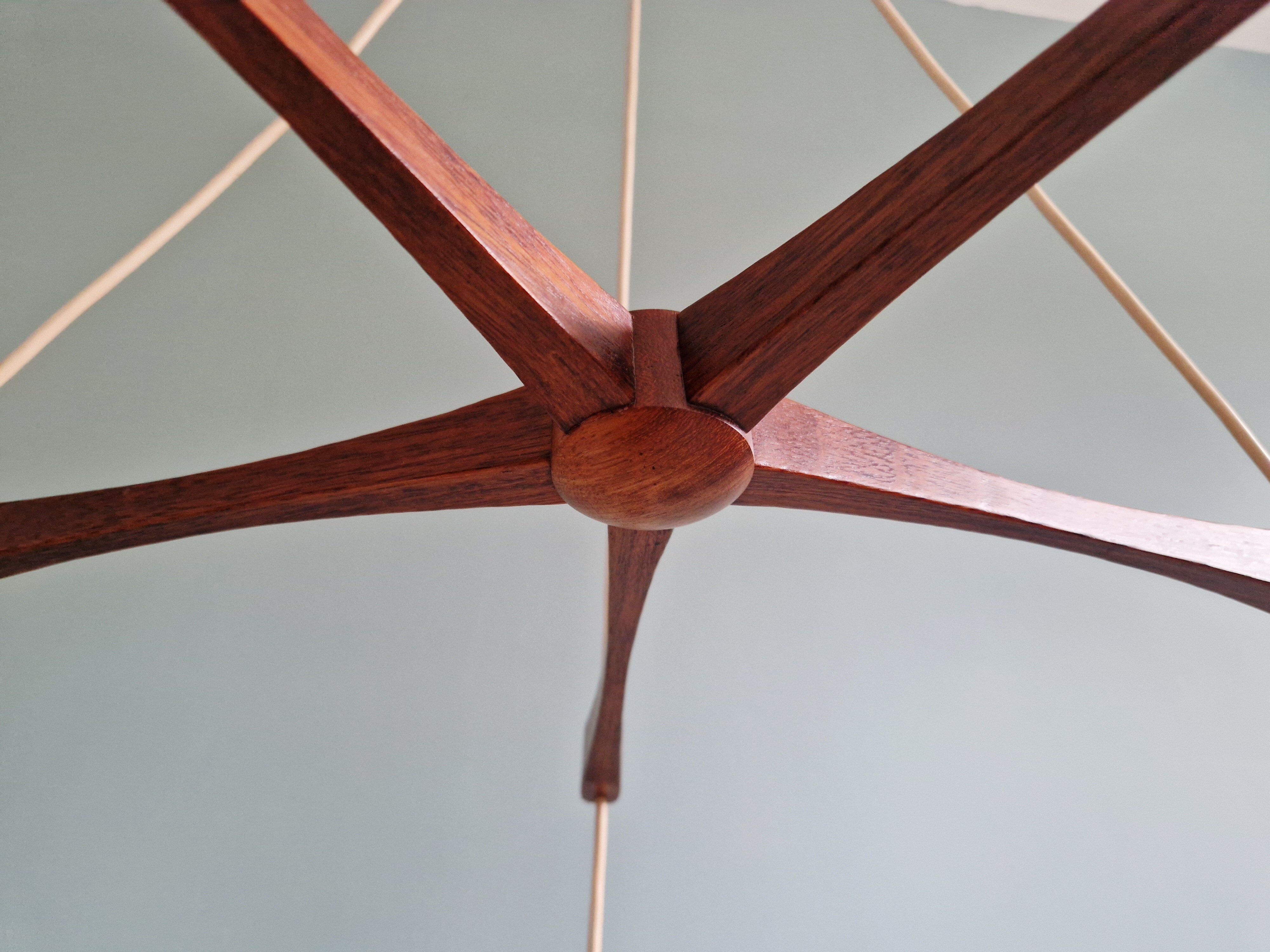 Large Scandinavian chandelier in teak and tubular white opaline, 1960.