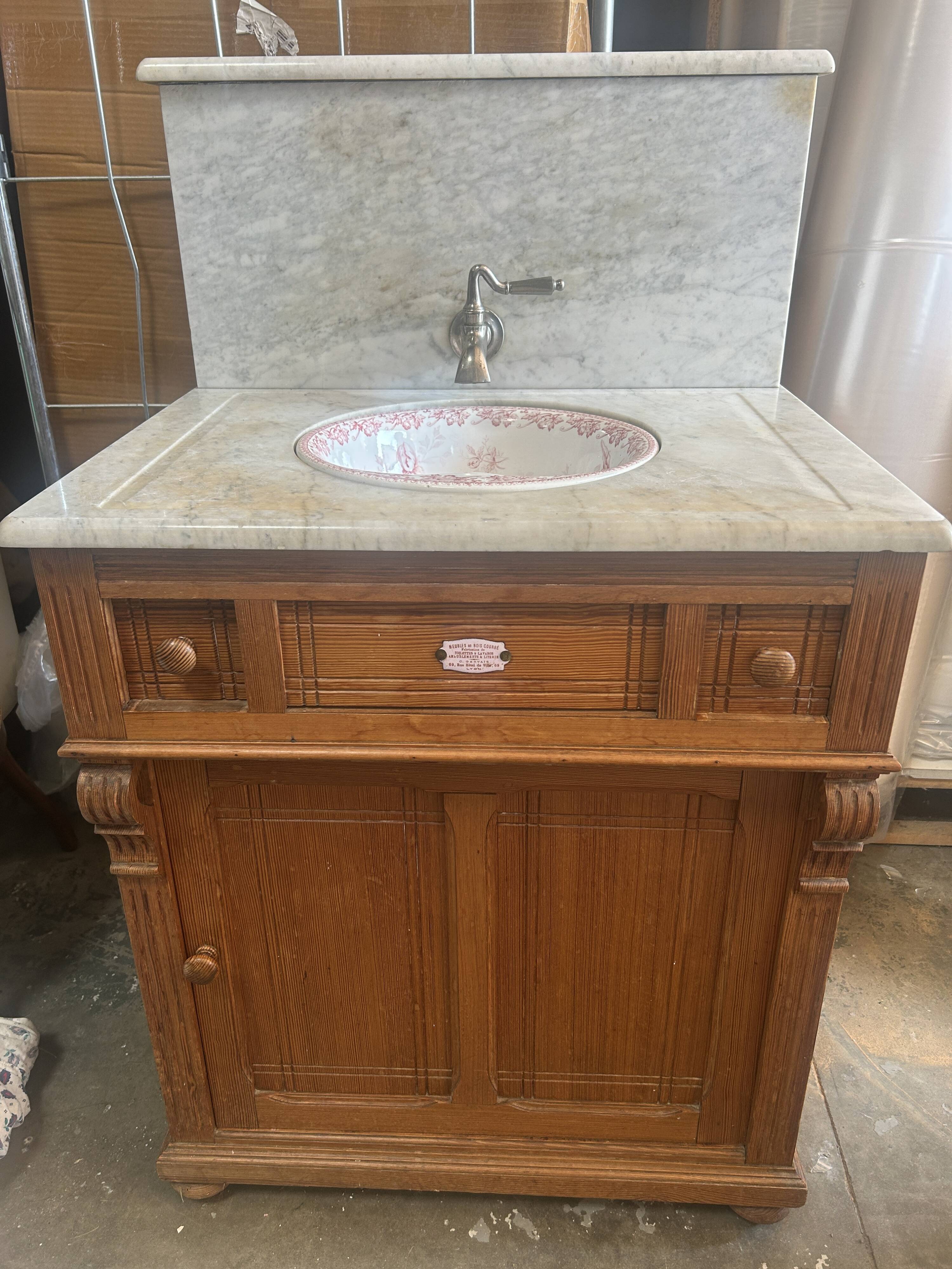 Meuble lavabo ancien Art Nouveau en bois et marbre C. Gervais Lyon