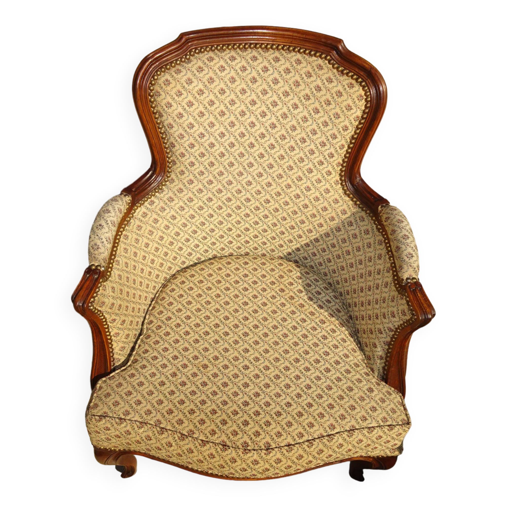 Bergère armchair in walnut and upholstered fabrics, set of 2
