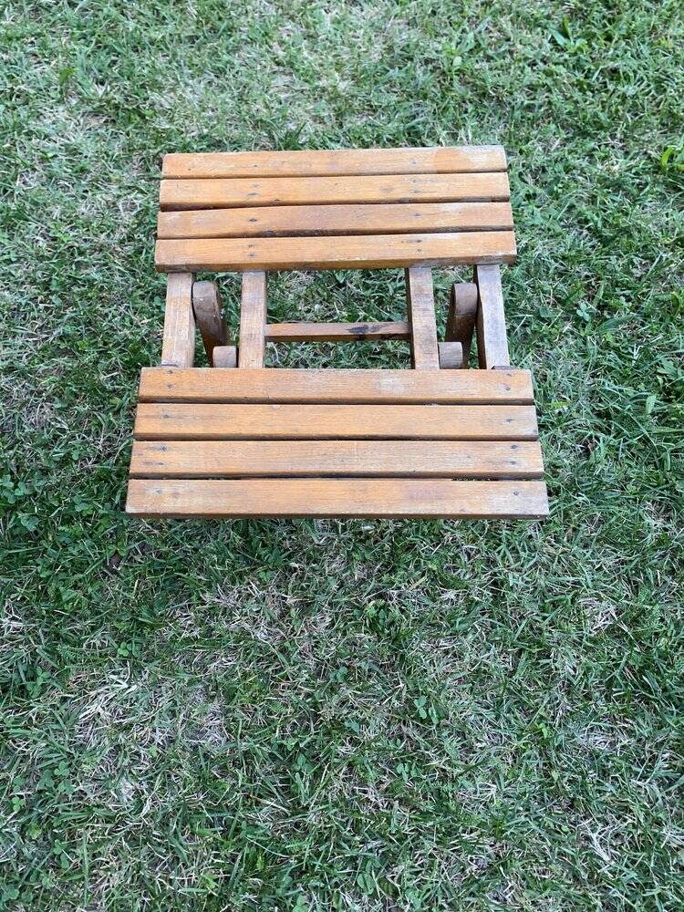 Brown wooden folding stools from the 1950s — slatted seat, folding mechanism X