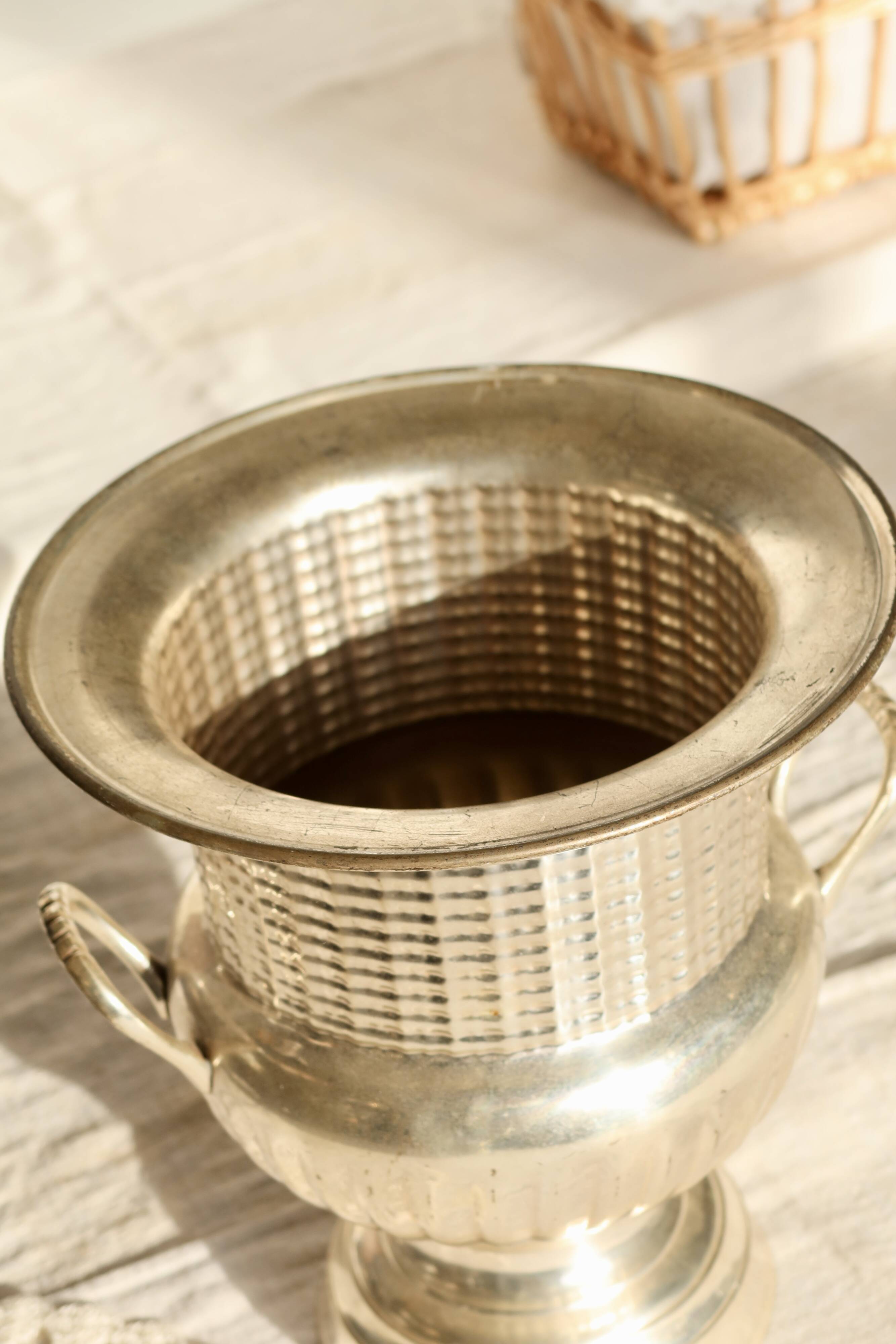 Antique silver-plated metal champagne bucket with handles