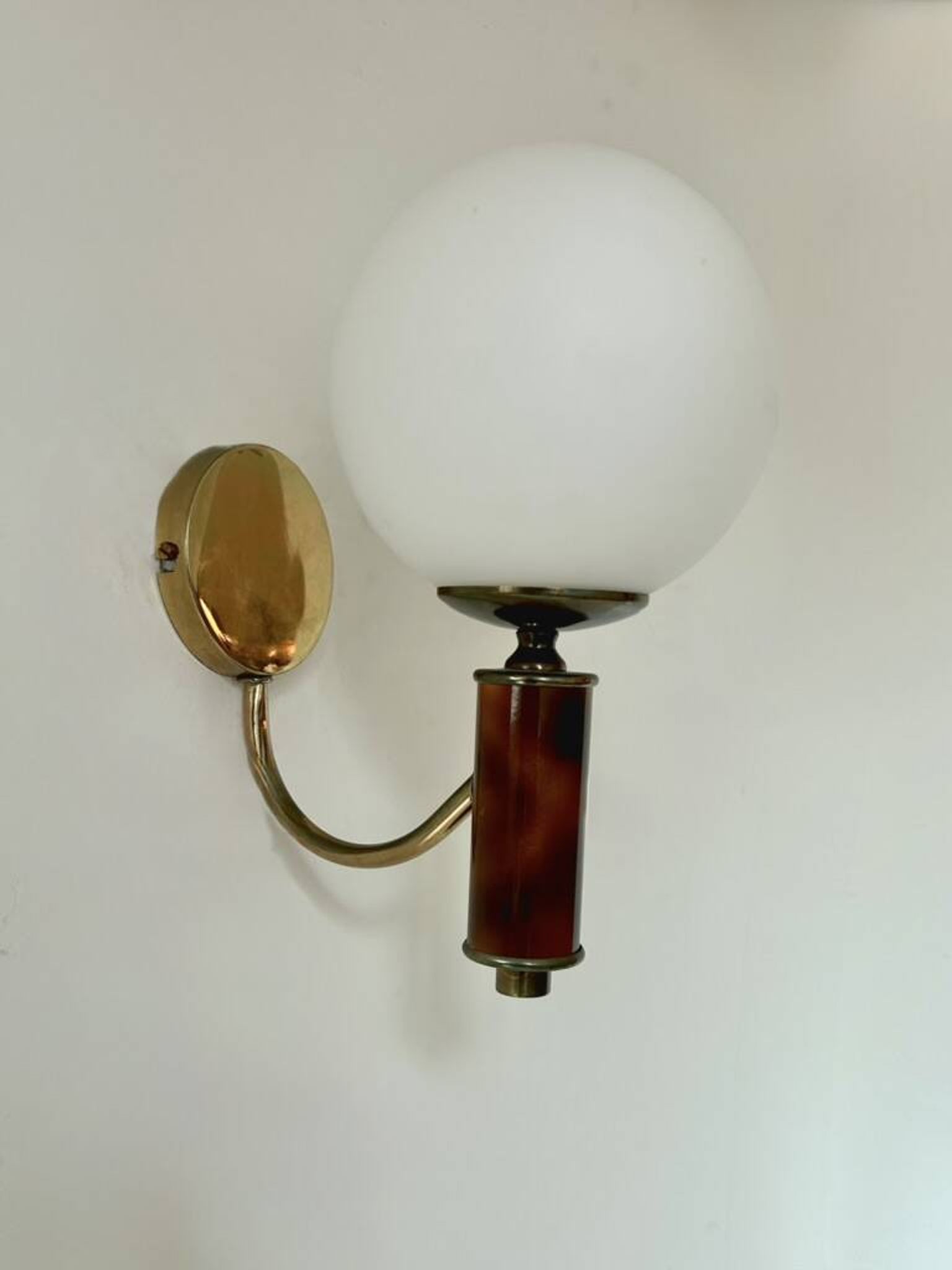 Vintage wooden, brass, and opaline wall light, France, 1970.