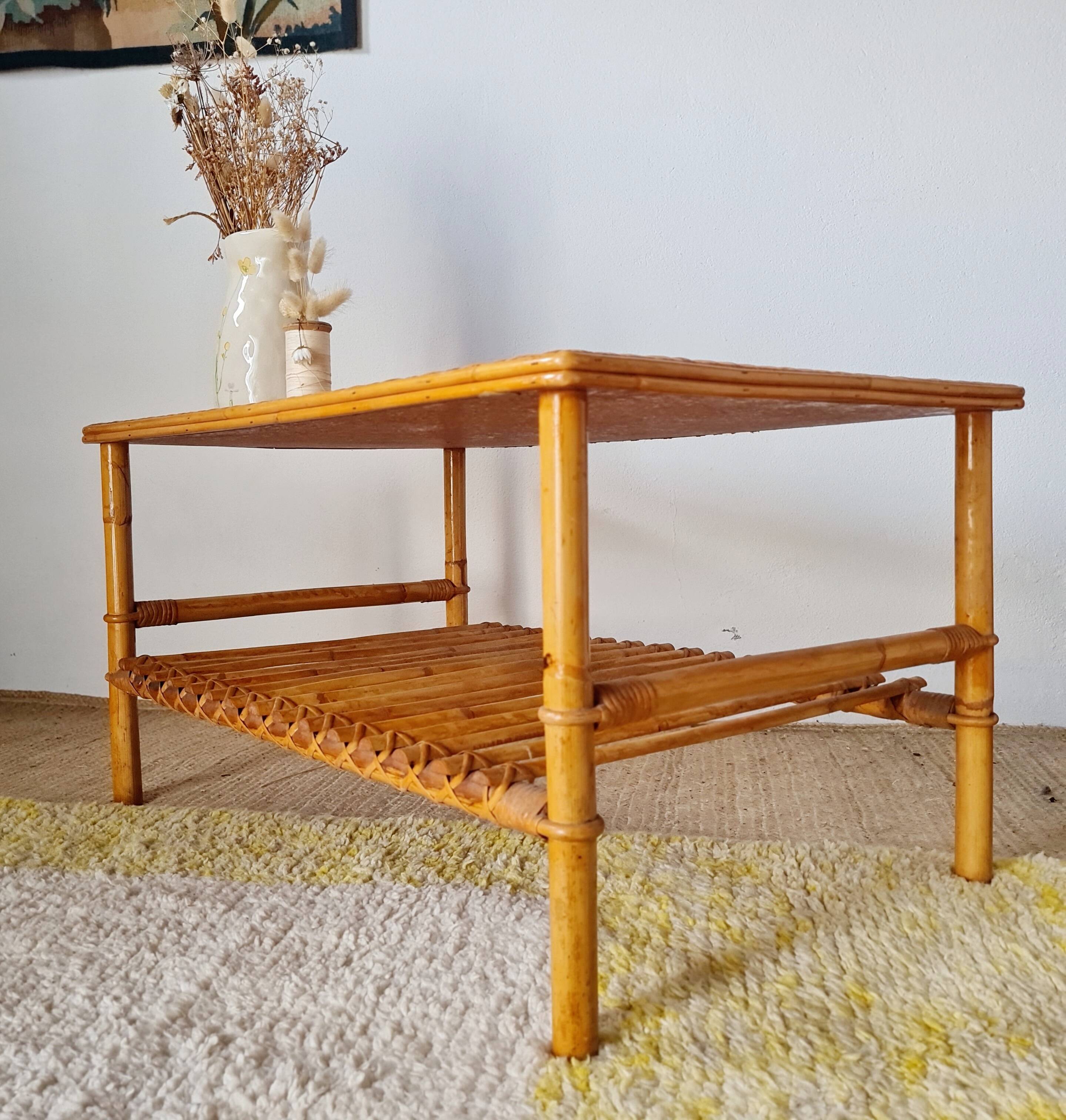 Antique coffee table in rattan and bamboo