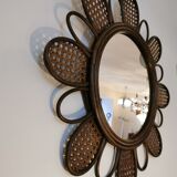 Miroir fleur vintage en rotin et cannage années 60/70