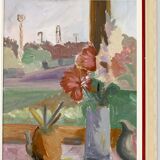 Original  Mid-Century Oil On Board Painting" Still Life with Flowers "--Vintage & Framed