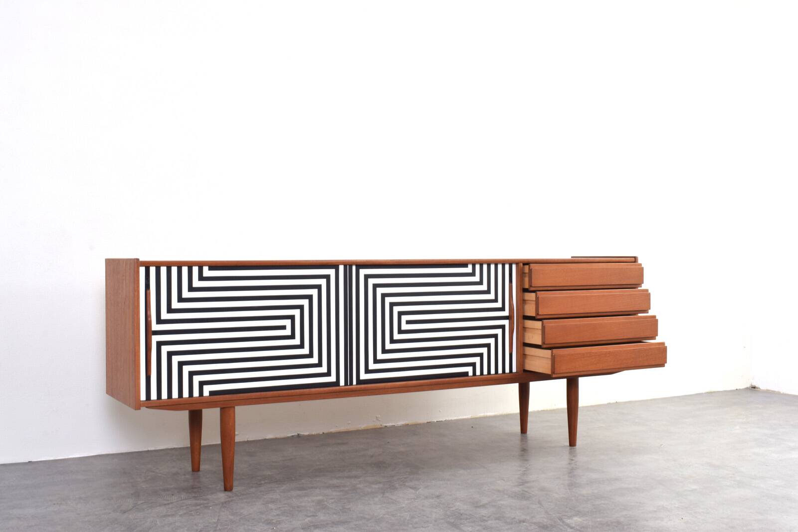Mid-Century Op-Art Hand-Painted Danish Teak Sideboard, 1960s