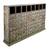 Workshop furniture in patinated solid wood with 56 drawers and 8 lockers