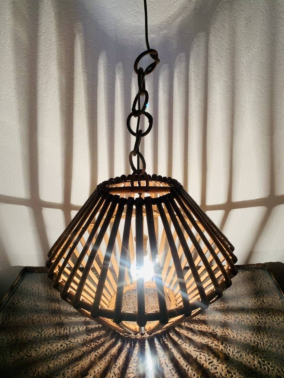 Large vintage pendant light in bamboo and rattan, circa 1960's