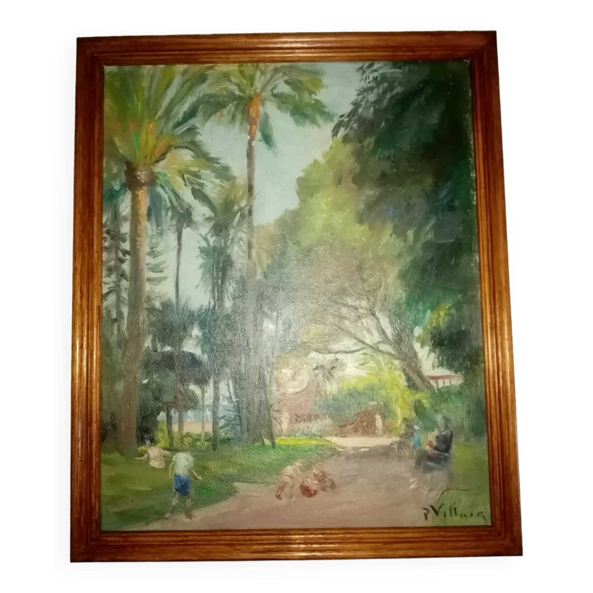 Old impressionist painting "the garden of the massena museum" sign pierre villain