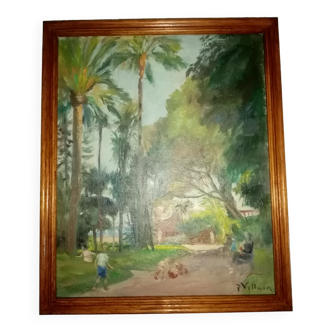 Ancien tableau impressioniste "le jardin du musee massena" signe pierre villain
