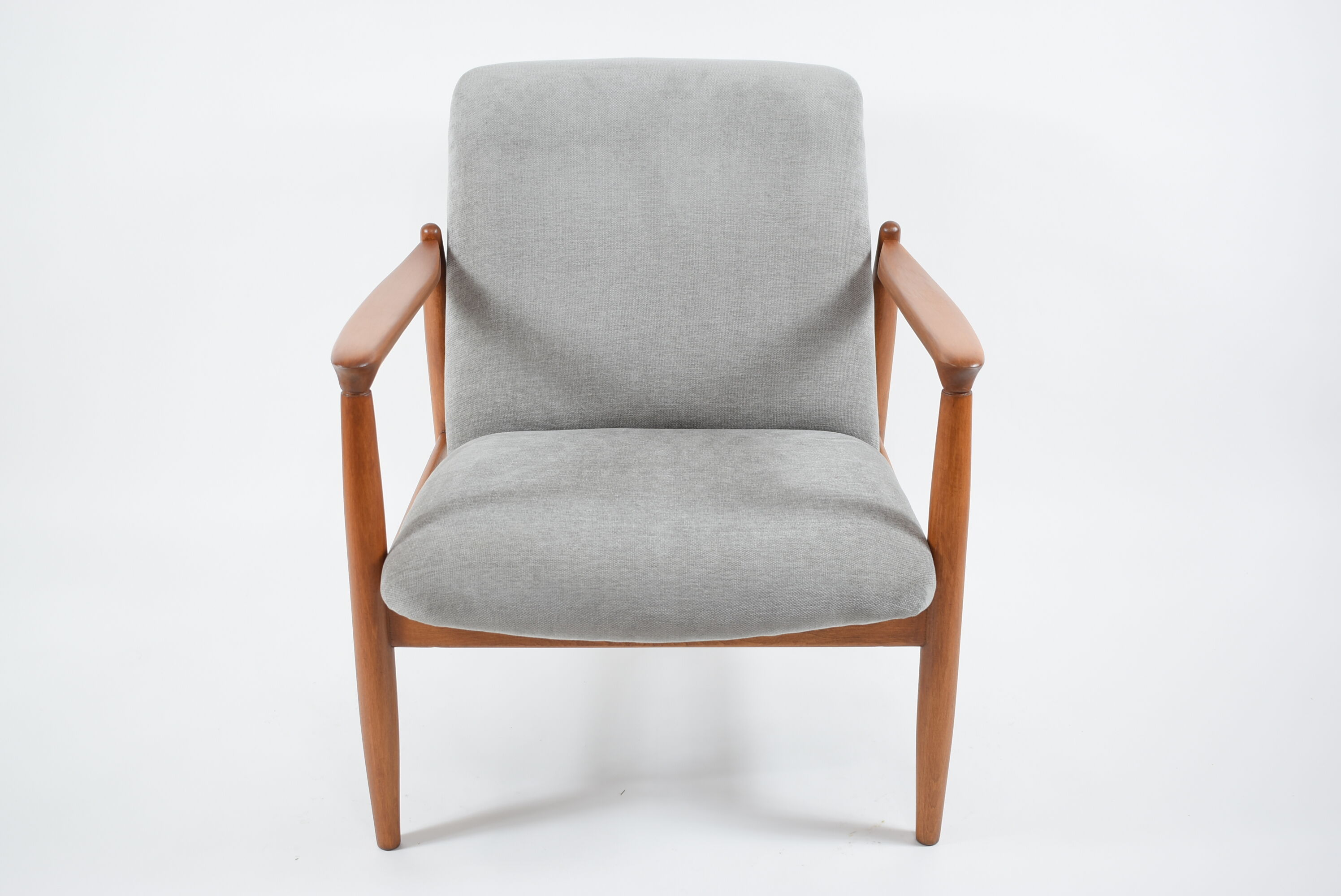 Original restored vintage armchair, designer E. Homma, grey fabric