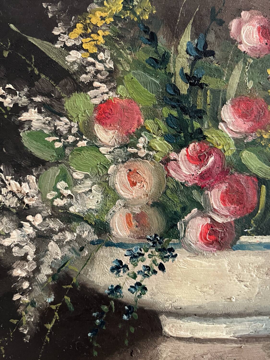 Old oil painting on wood of a bouquet of flowers signed Petit.