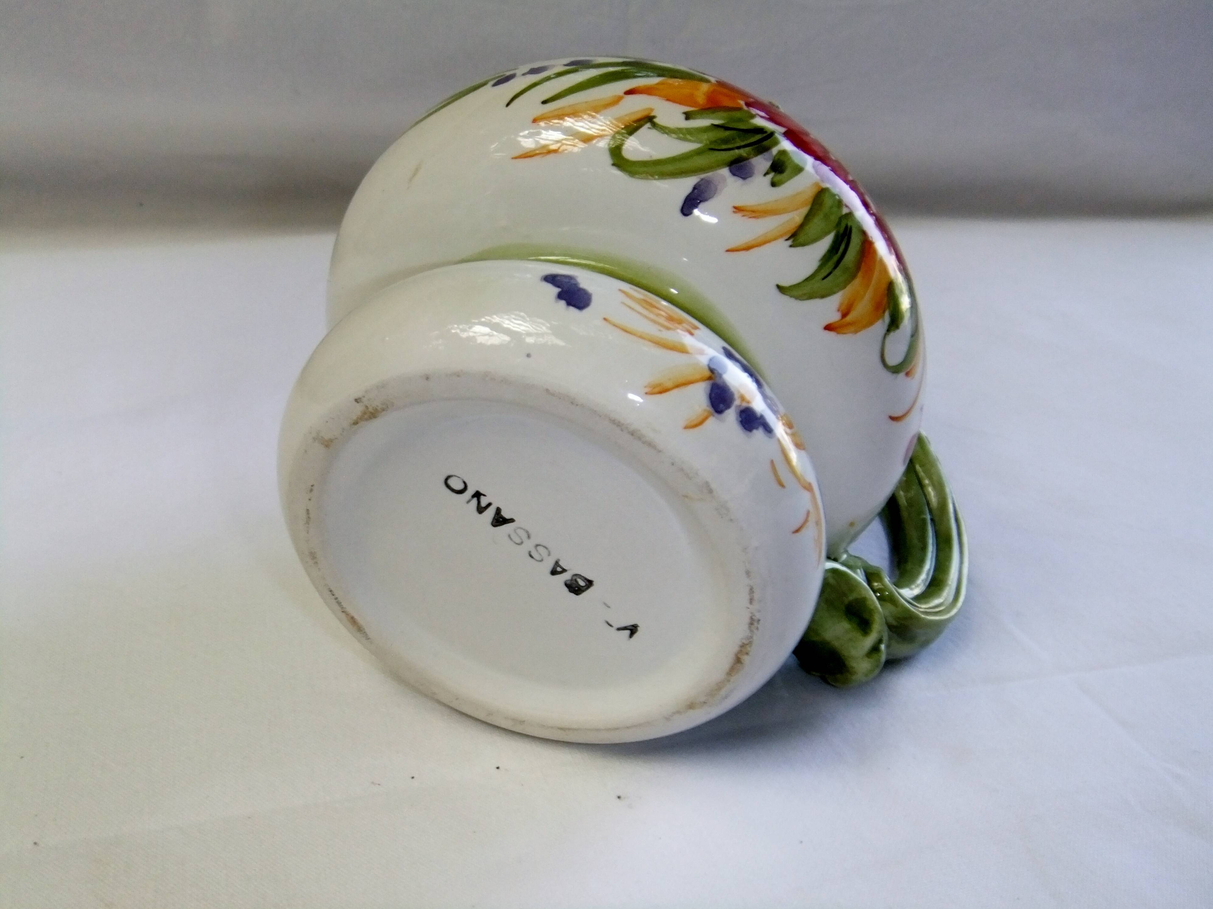 Vintage ceramic slip vase V Bassano pitcher decorated with porcelain flowers