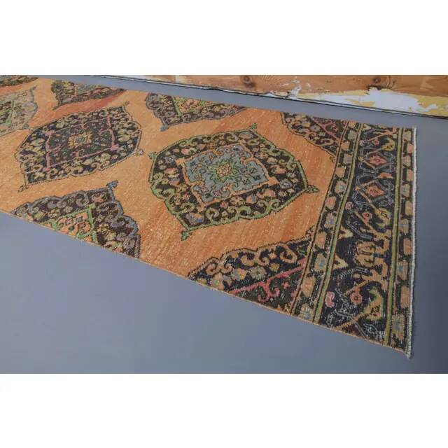 Vintage Turkish Oushak Handmade Wool Cotton Orange Runner Rug 90x373