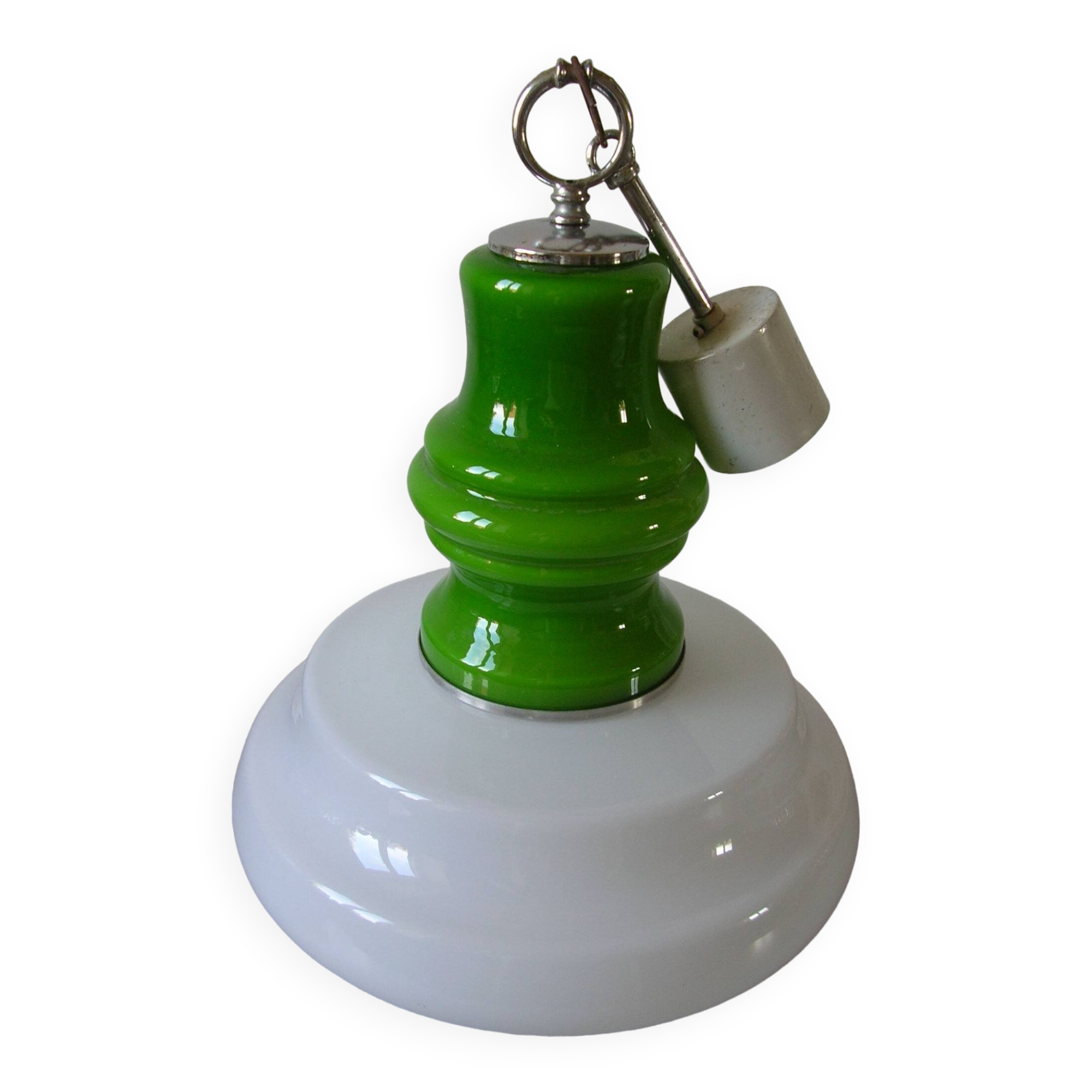 Old globe pendant light with apple green and white glass shade, 80's design 59 cm