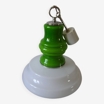 Old globe pendant light with apple green and white glass shade, 80's design 59 cm