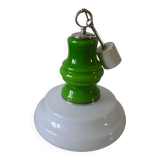 Old globe pendant light with apple green and white glass shade, 80's design 59 cm
