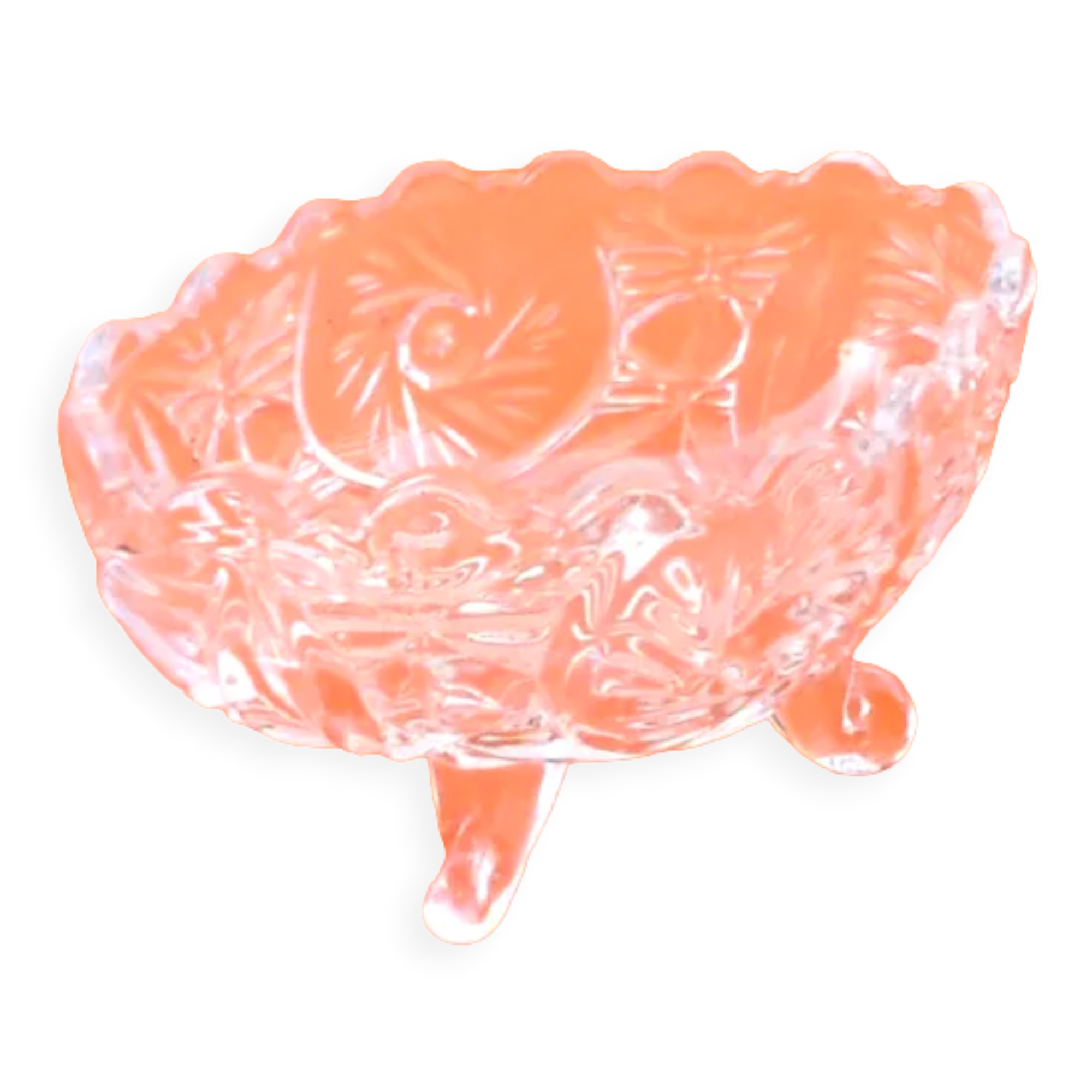 1970s oblong cup, empty pocket on 4 small feet glass decoration in relief