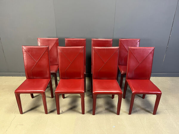 Chaises de salle à manger en cuir rouge par Roche Bobois France, années 1980 - ensemble de 8