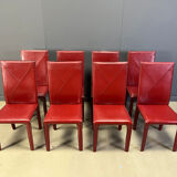 Red leather dining chairs by Roche Bobois France, 1980s - set of 8
