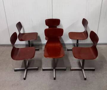 Set of 6 mid-century modern Pagholz chairs, moulded plywood seats, steel base, 1960s