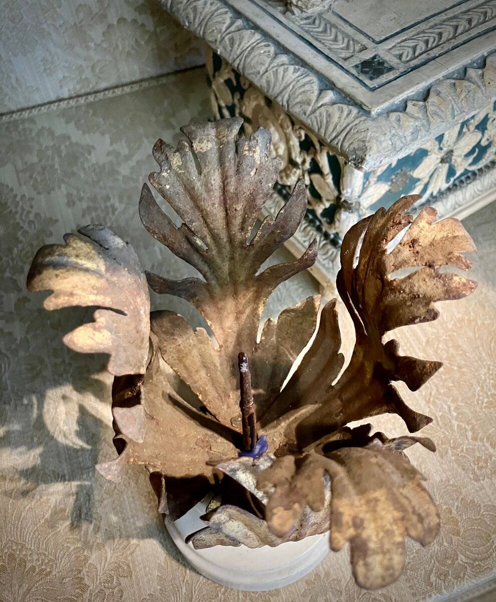 Florentine Renaissance Gilded Iron Acanthus Leaf Candleholders on Carrara Marble Bases, Set of 2