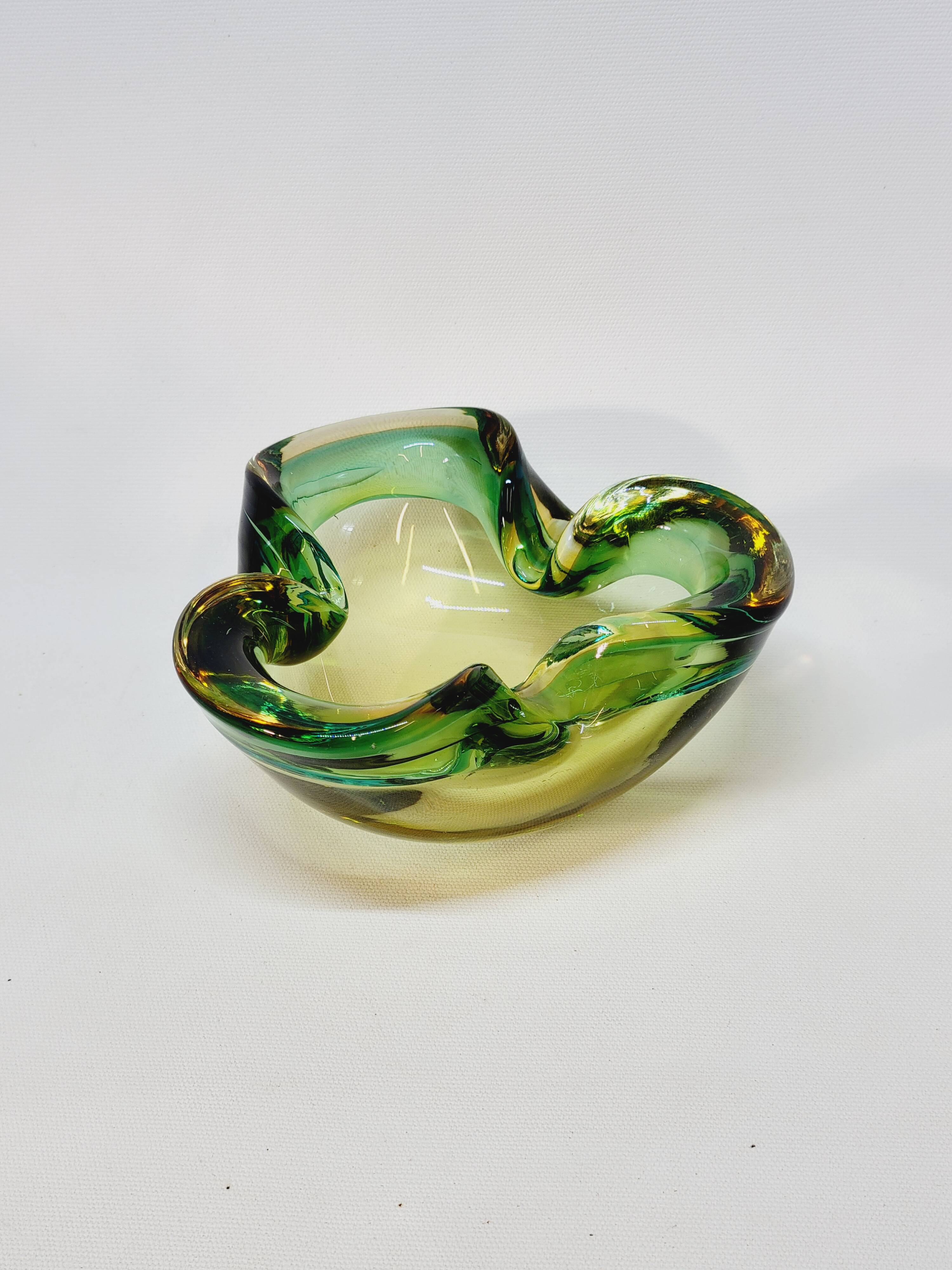 Empty Pocket Cup Ashtray Vintage Murano Glass Sommerso Green and Yellow