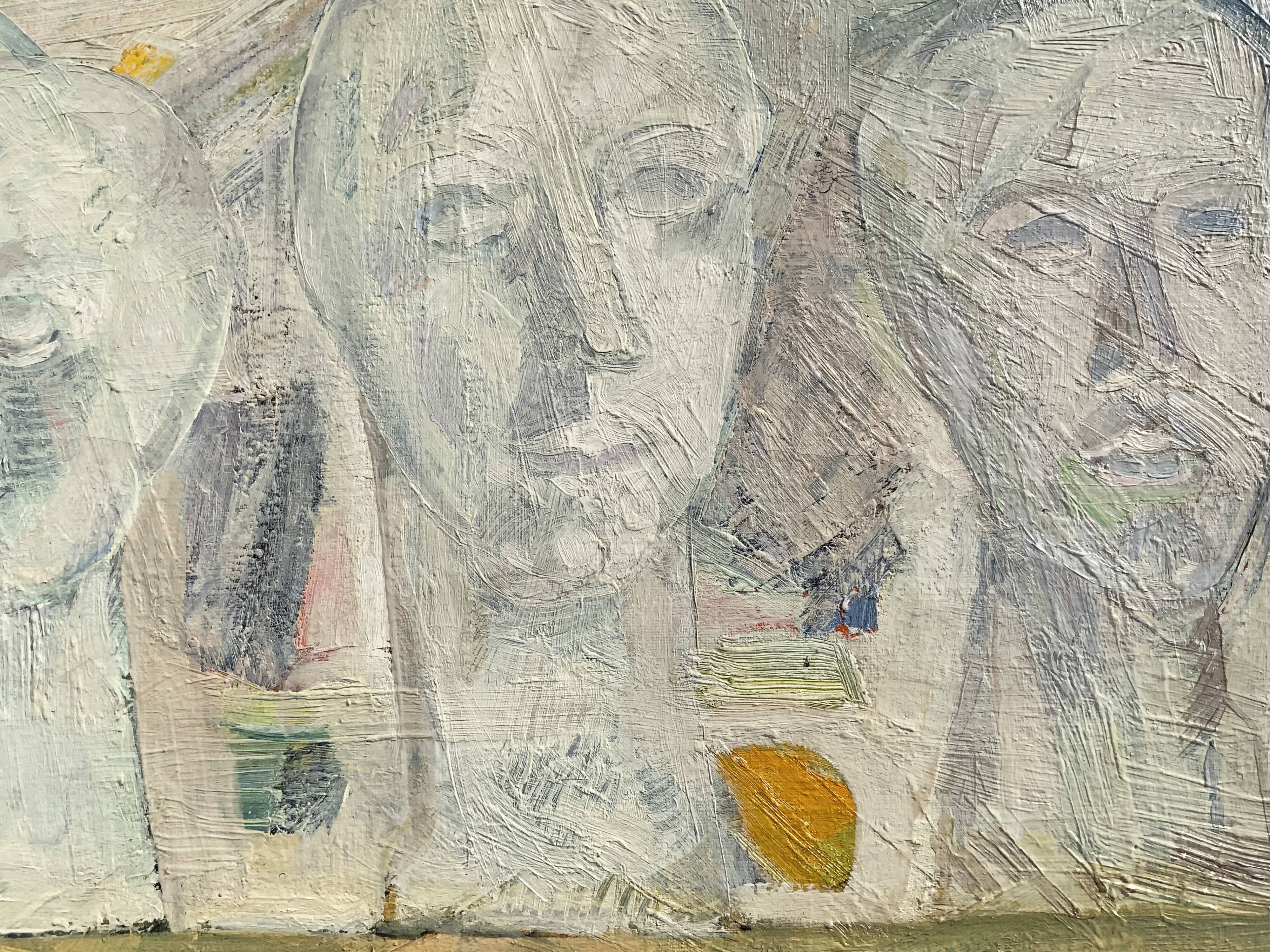 Vintage Modernist Composition with Heads Oil Painting signed by artist R.J. 1956