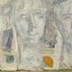 Vintage Modernist Composition with Heads Oil Painting signed by artist R.J. 1956