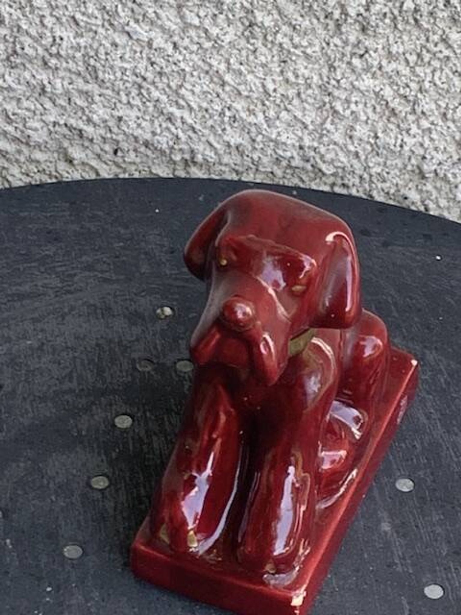 Dog sign CAB in vintage burgundy red enameled ceramic slip, art deco