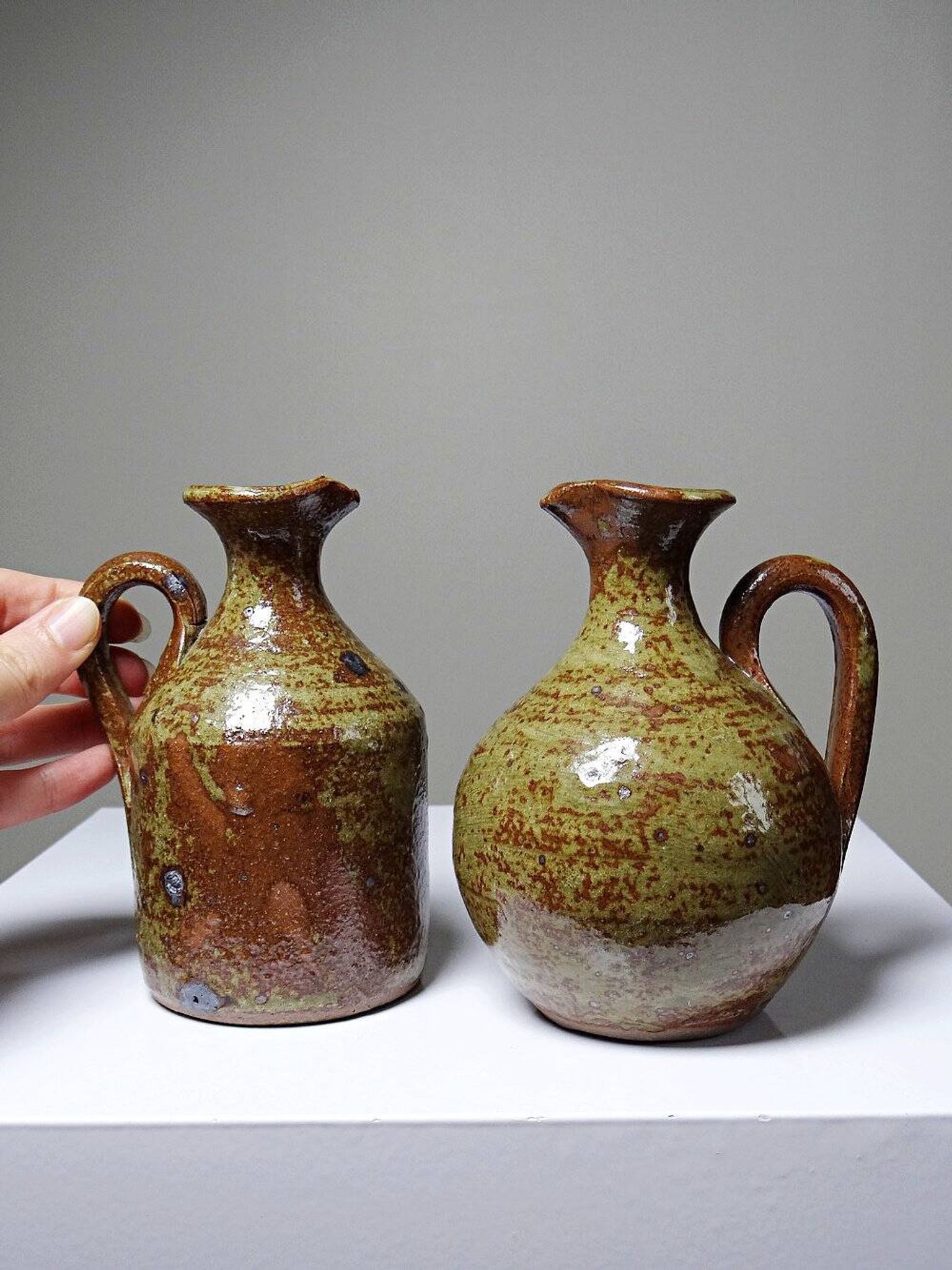 Vintage condiment service in glazed pyrite stoneware, artisanal Baudat La Borne style.