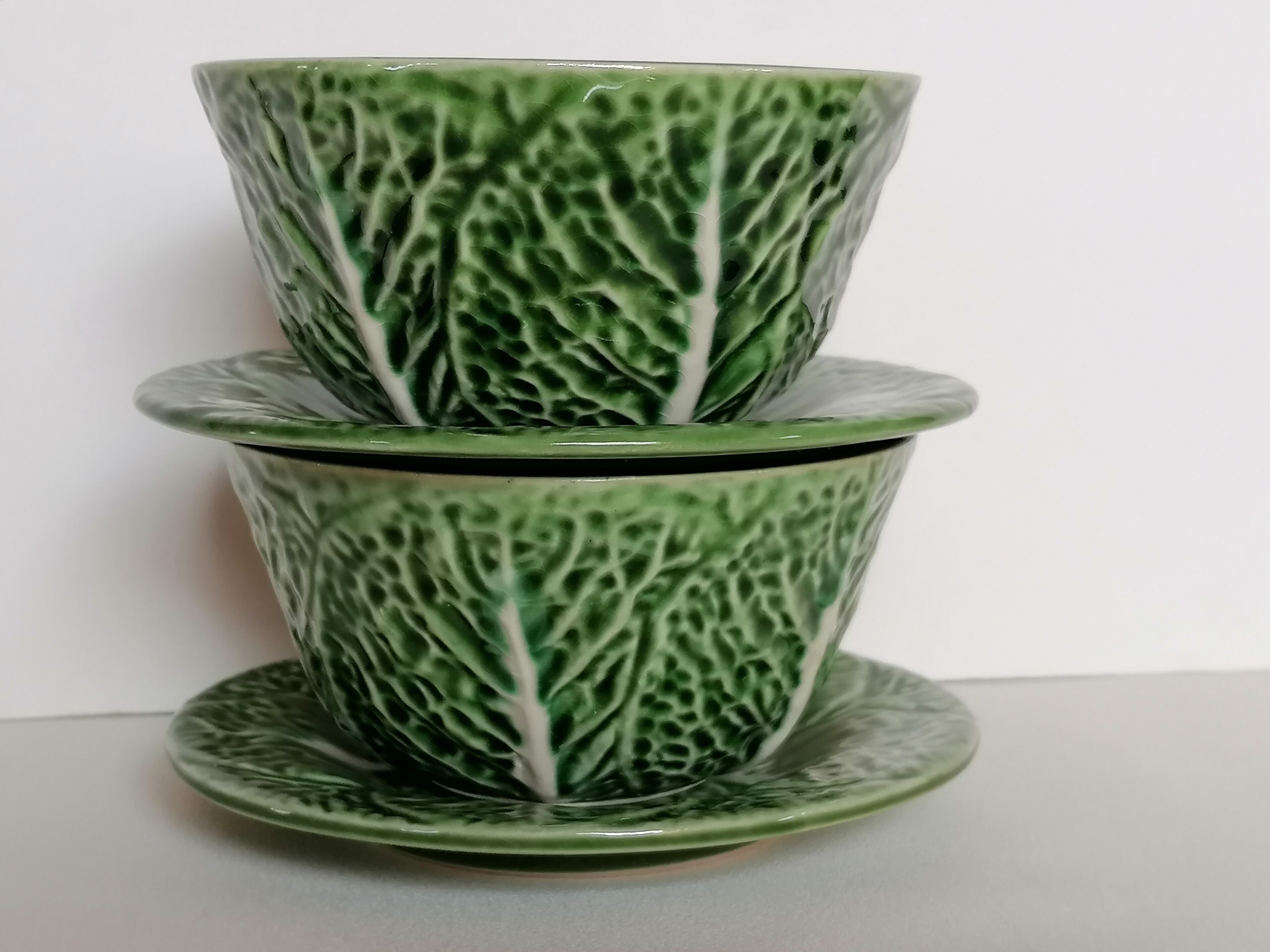Two bowls in dabbling and their plates leaves cabbage