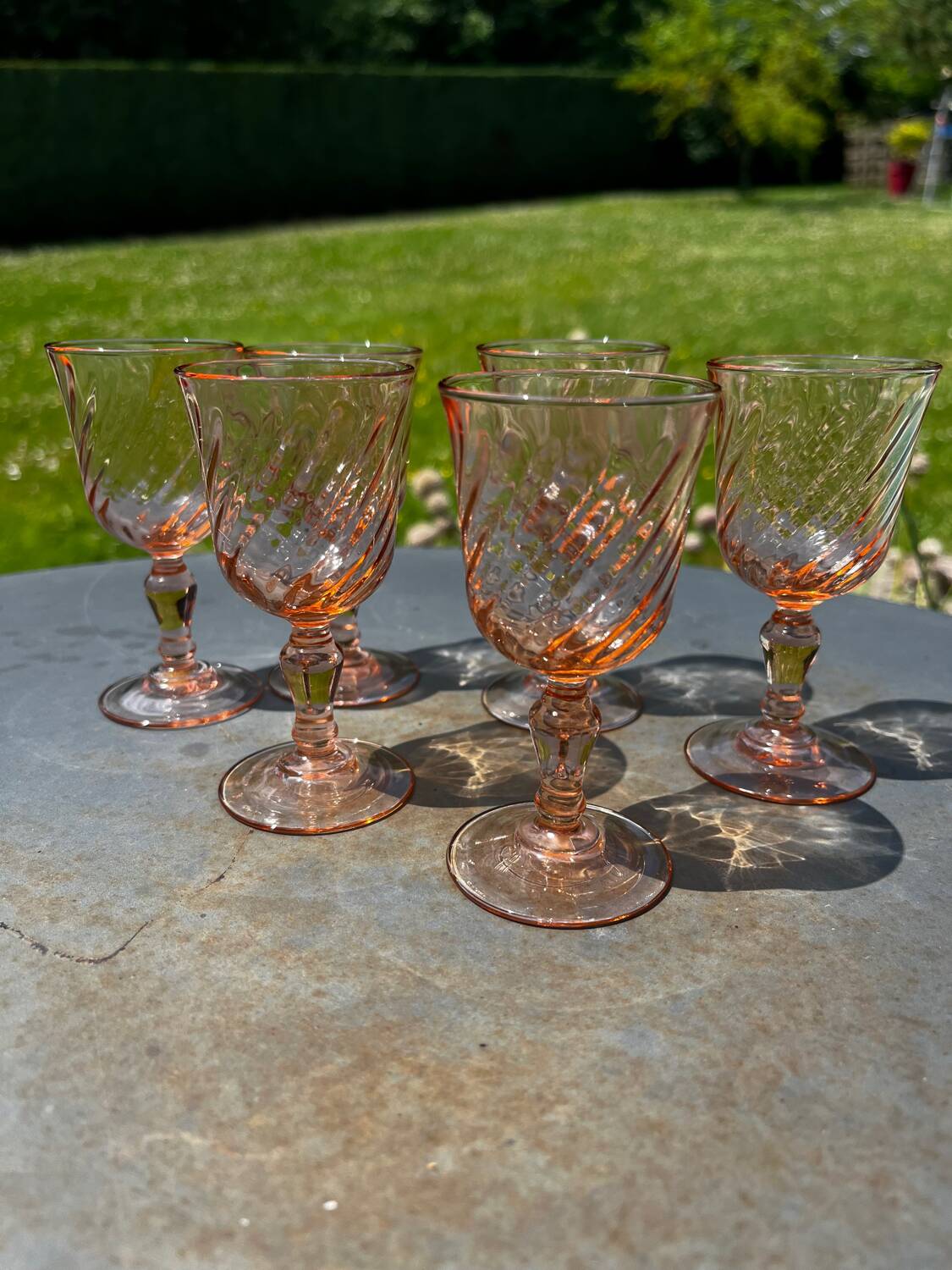 6 antique Rosaline liqueur glasses – vintage pink glass – 50s/60s