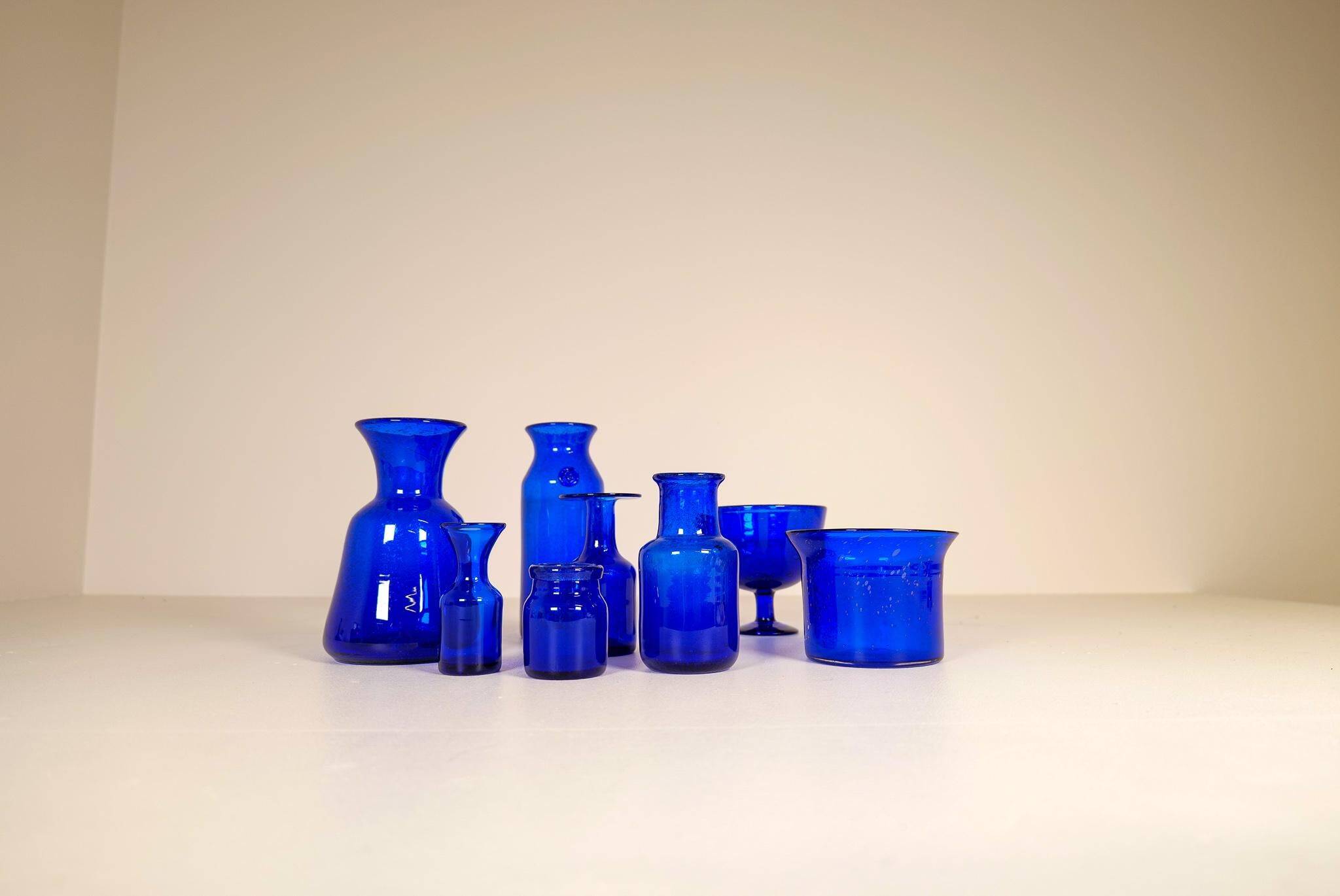 Midcentury collection of eight blue vases by Erik Höglund, Sweden, 1960s.