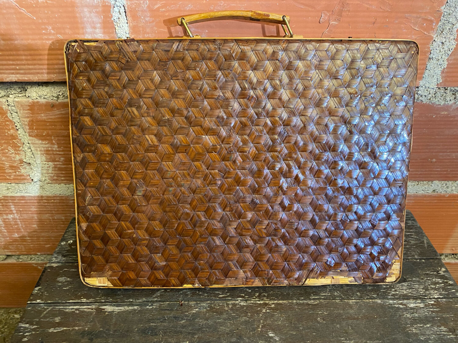 Vintage Wooden & Woven Bamboo Transport Box #D624