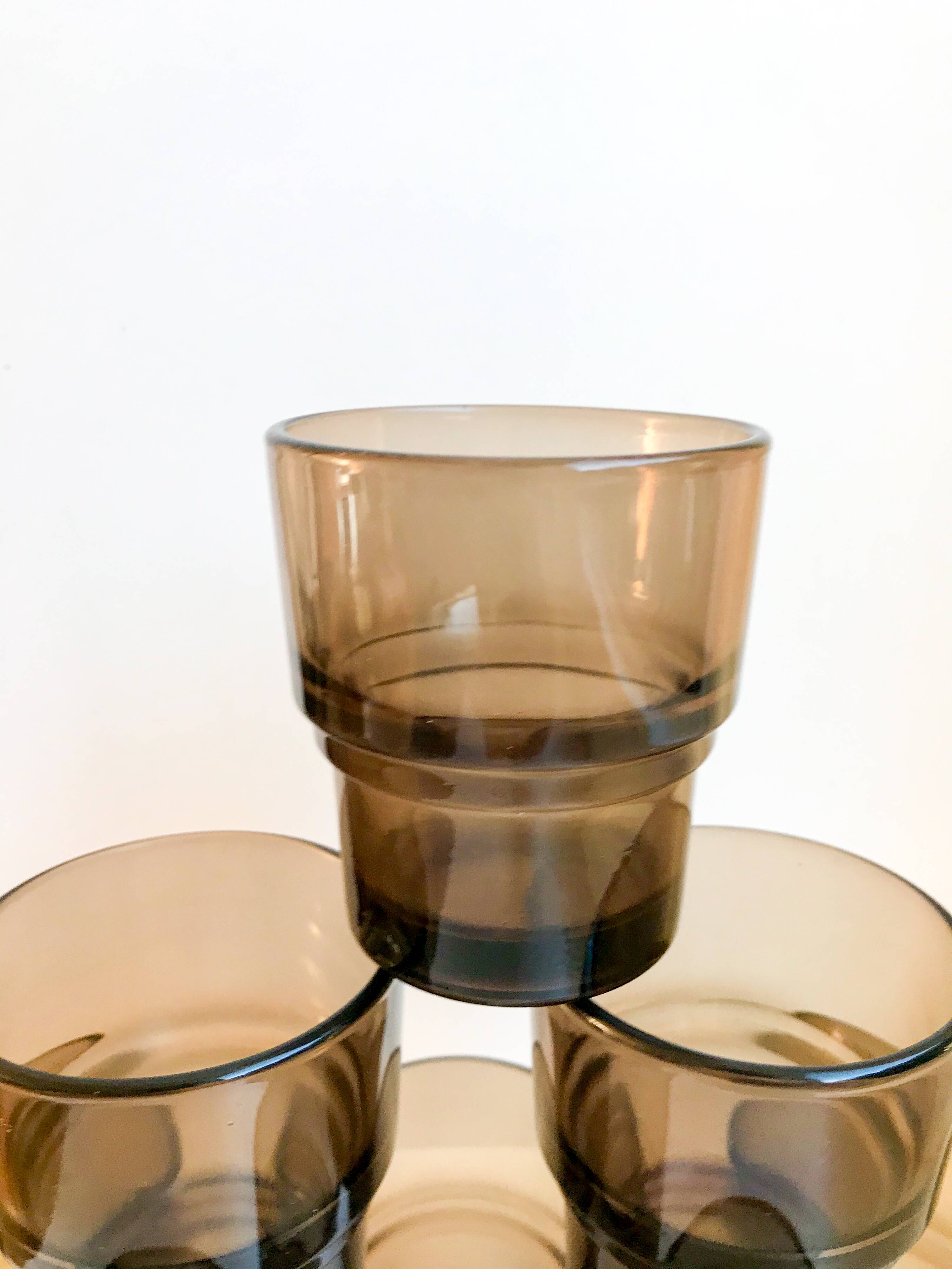 set of 8 Vereco smoked glass glasses Made in France 1970s