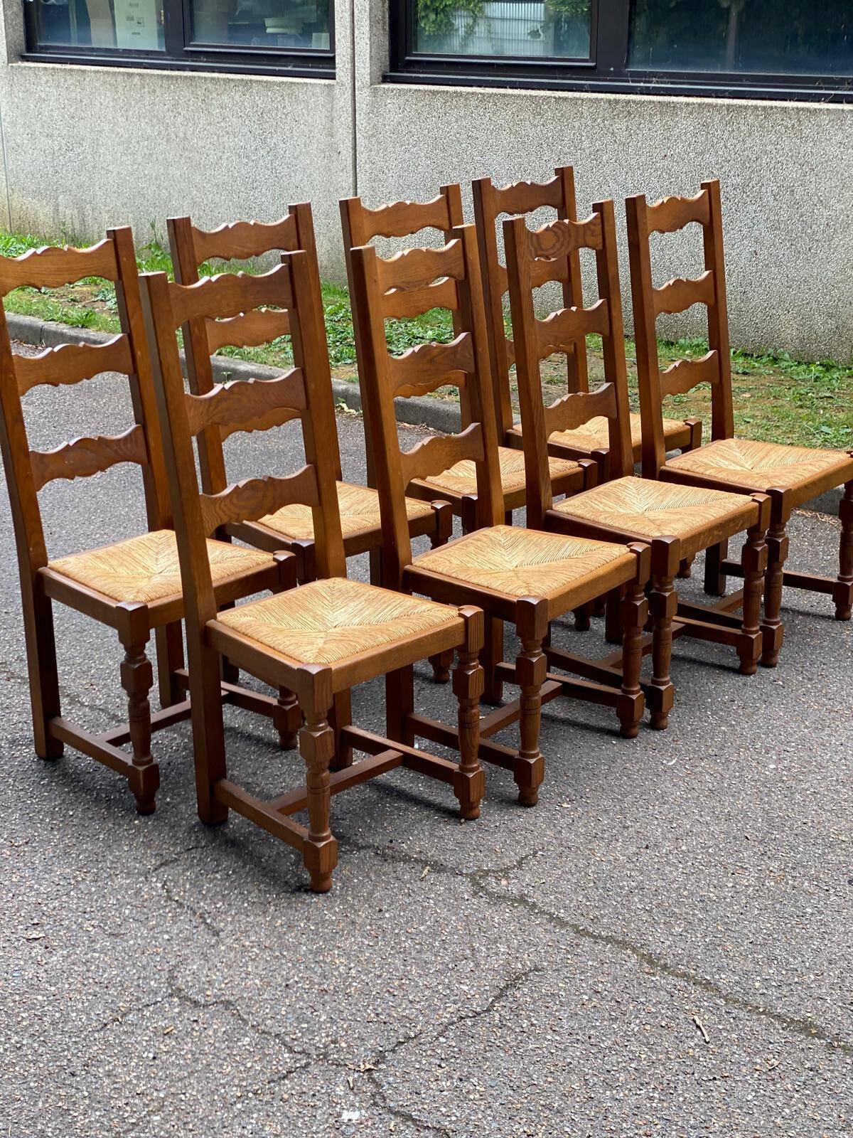 8 chaises en bois massif chêne clair et paille type ferme dossier haut