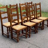 8 chaises en bois massif chêne clair et paille type ferme dossier haut