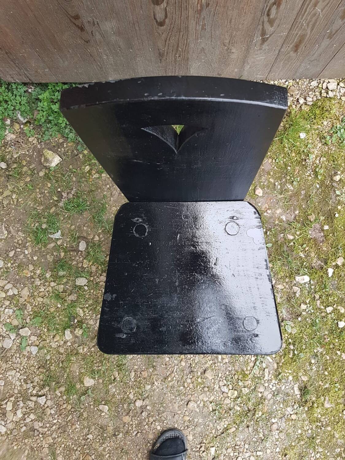 Old Alsatian mountain chair black wood back openwork shape vintage #a662