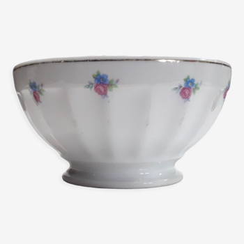 Ribbed bowl white porcelain floral decoration gold border