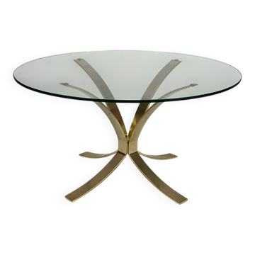 Table basse vintage en verre et laiton style Hollywood Regency des années 70