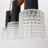 Hanging lamp from teak, steel, and glass