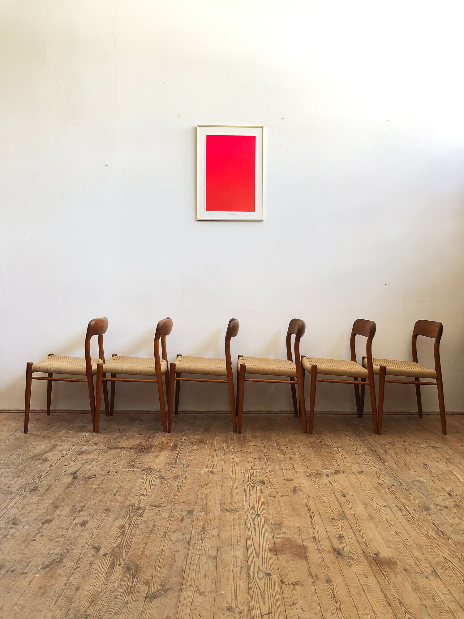 Set of 6 dining chairs, model 75 by Niels O. Møller in teak and paper cord