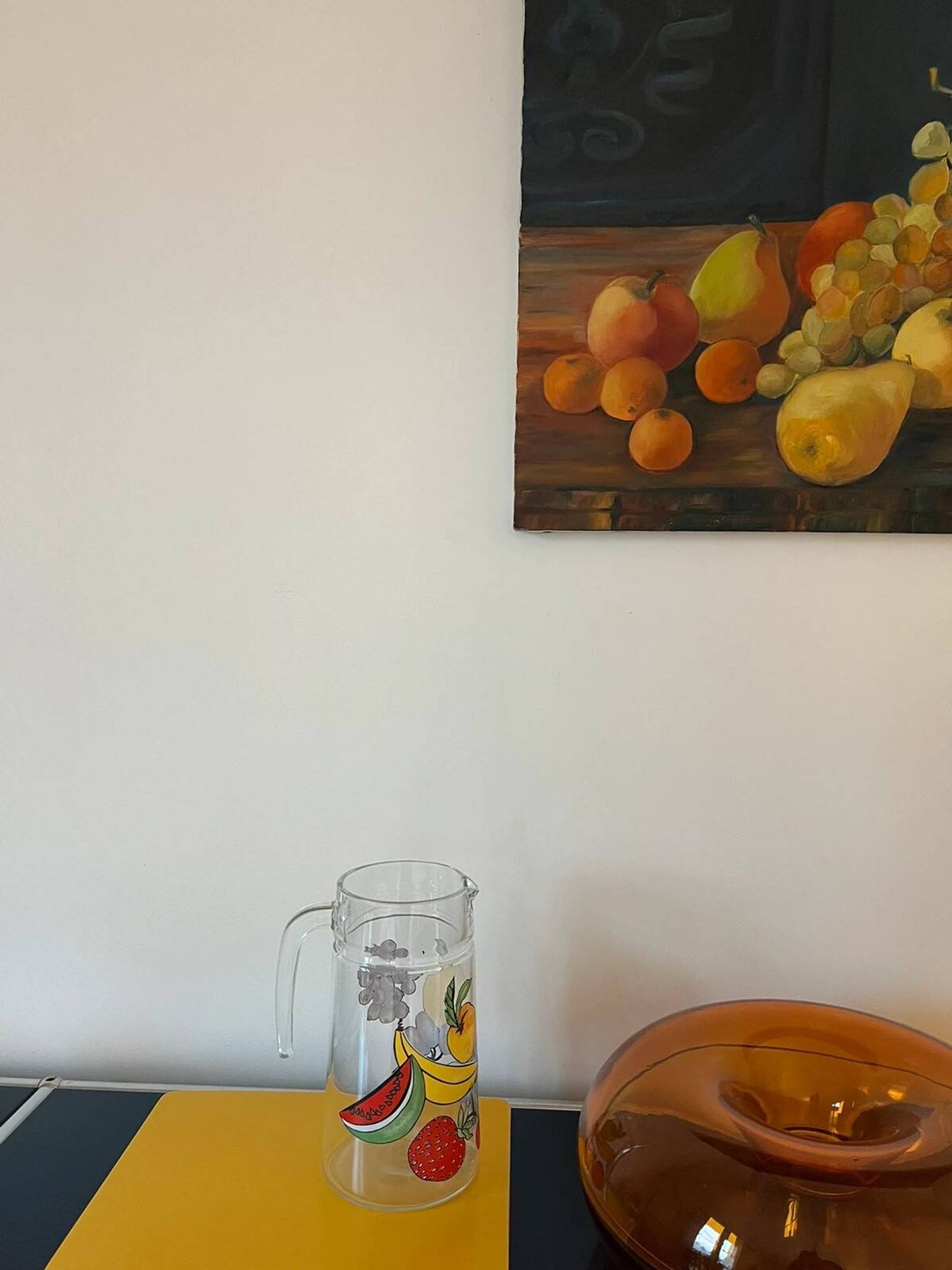 Vintage glass carafe with painted fruits