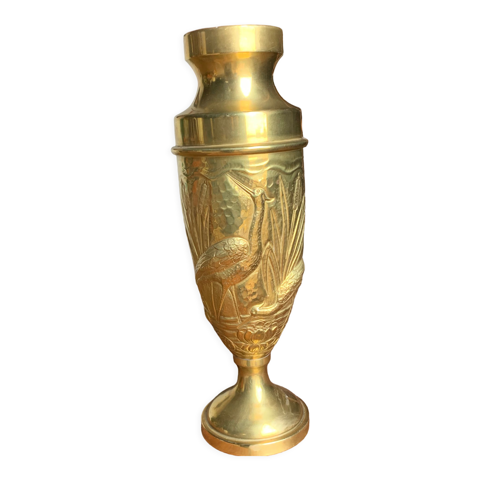 Brass vase with crane decoration