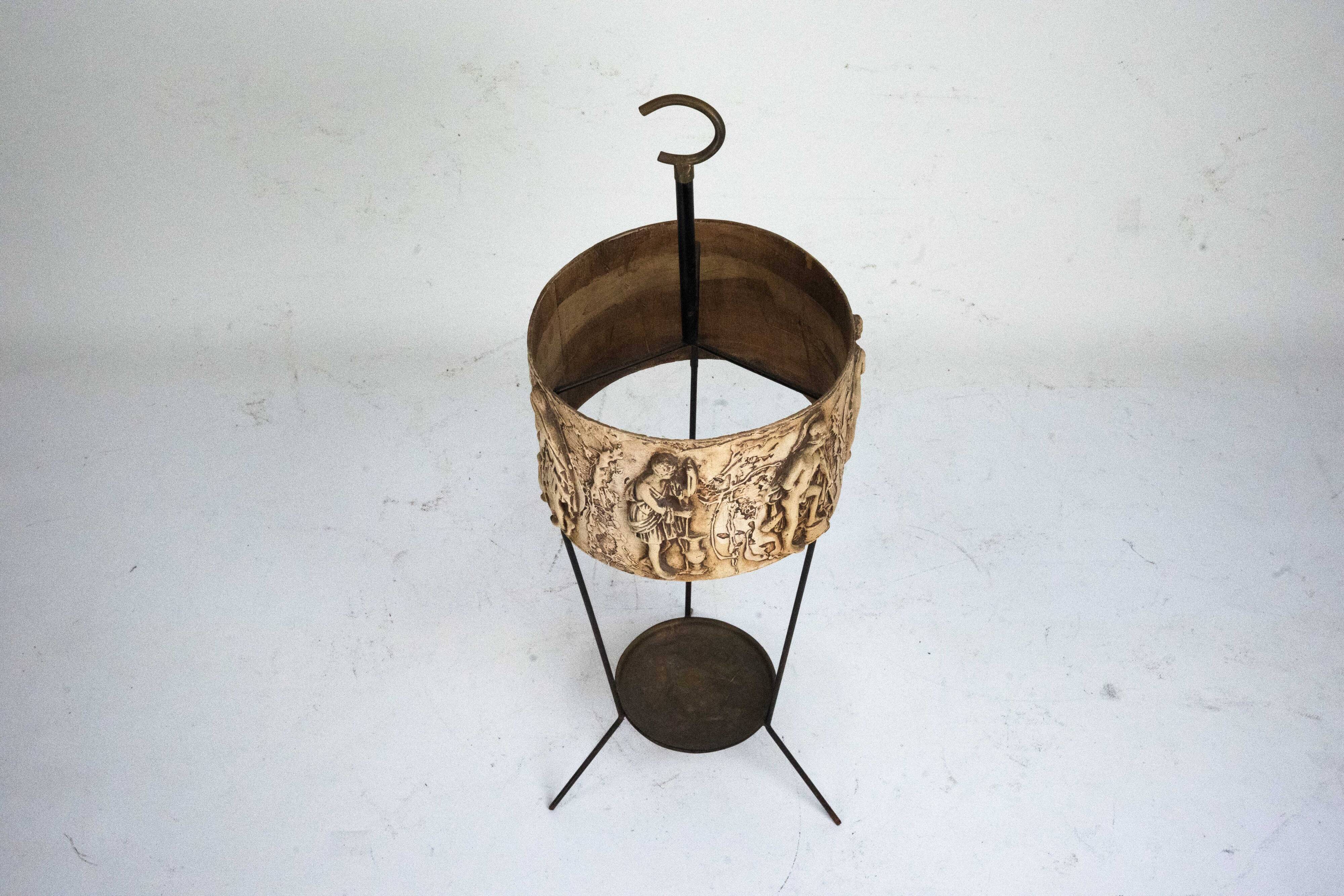 Mid-Century Umbrella Stand in Iron and Brass with Neoclassical Relief, Ital