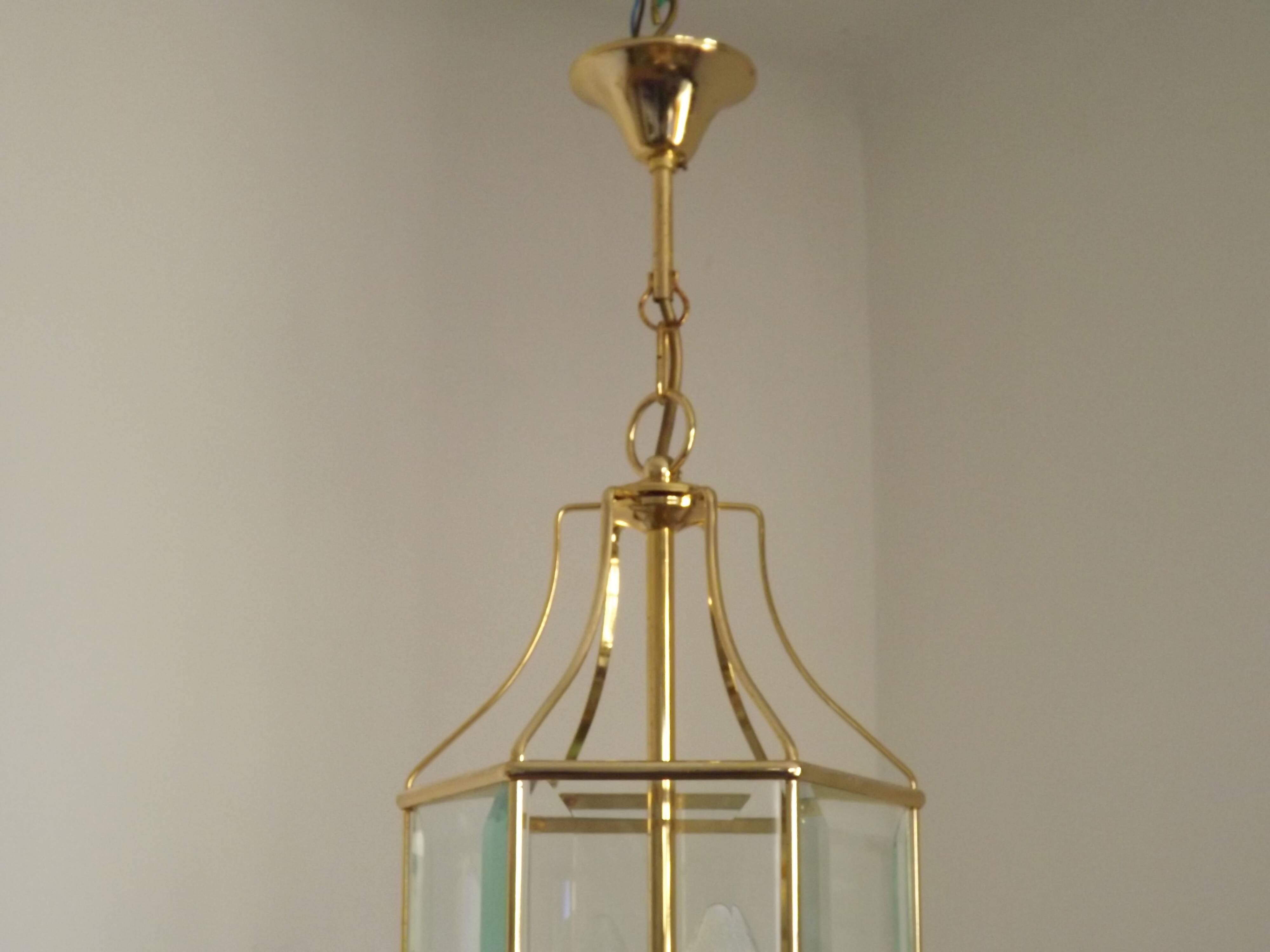 French Vintage 2 Light Hexagonal Gold Metal & Beveled Glass Hanging Light