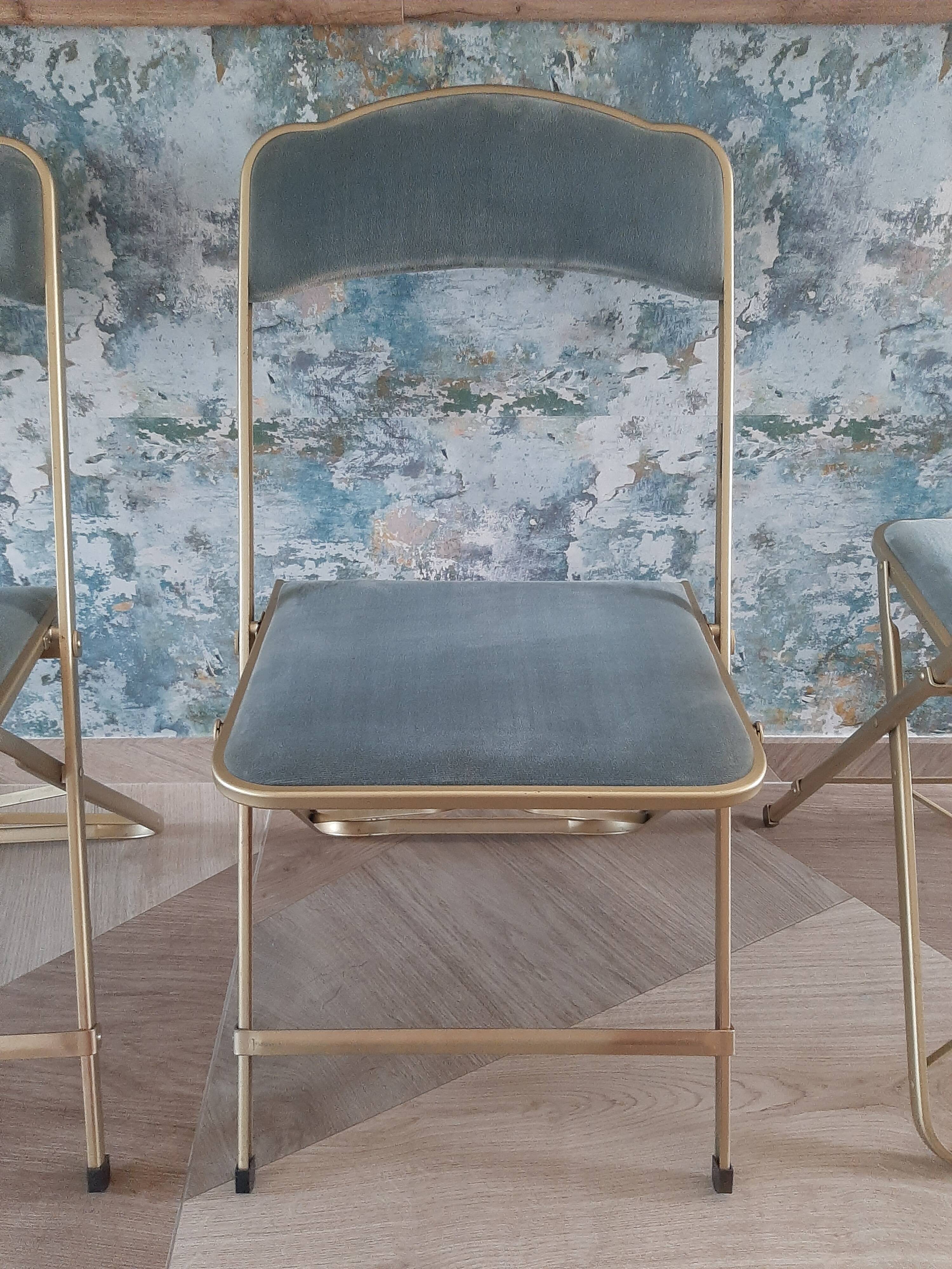 Lot de 4 chaises  pliantes - dossier et assise vert d'eau - structure métal doré -Chaisor